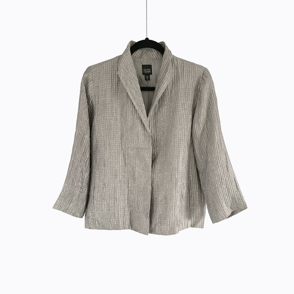 Eileen Fisher Silk Open Jacket XS/S Crinkle 3/4 Sleeve Champagne Elevated Basic